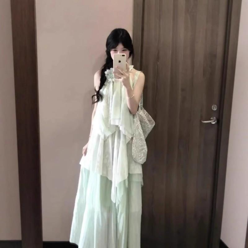 French Sweet Style Sleeveless Neck Dress Temperament Slimming Lace Splicing Flower Long Women Small