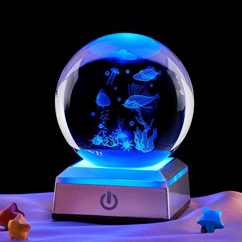 3D Laser Engraved Crystal Ball Night Light - Underwater World Design, Perfect for Classmates & Best Friends' Birthdays