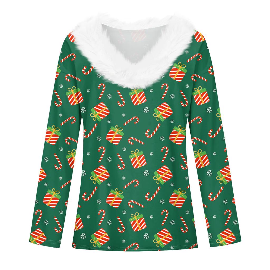 Modă Femei Casual Mânecă Lungă Crăciun Imprimat Guler Pluș Decolteu în V Top