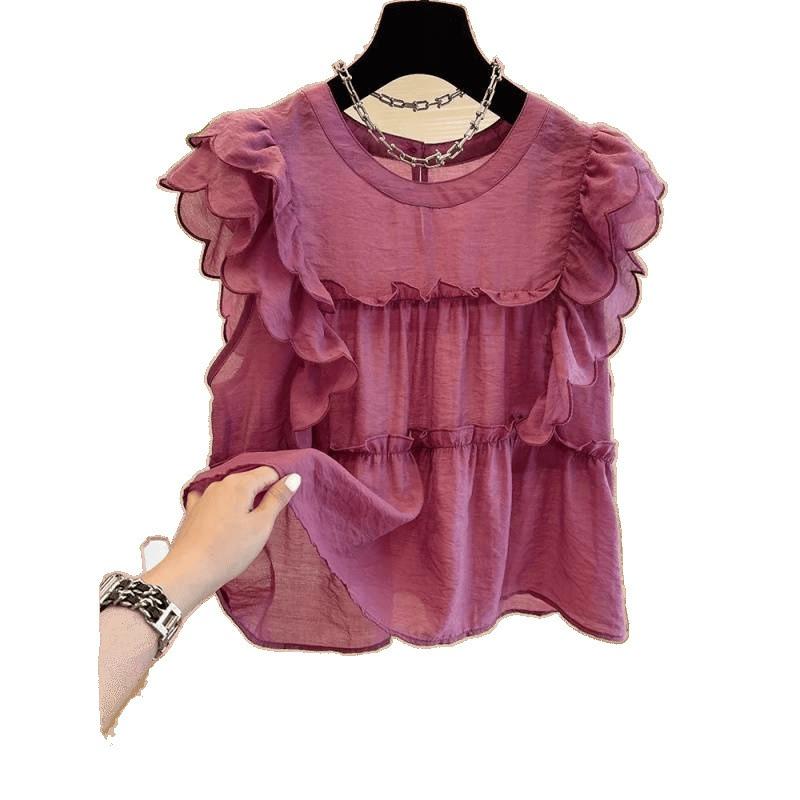 Women French Ruffle Flutter Sleeve Round Neck Shirt Sweet Doll Loose Blouse Summer New