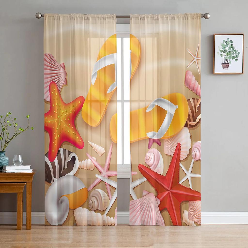 Beach Starfish Shells Leaves Palm Curtains Living Room Bedroom Decor Chiffon Tulle Voile Kitchen Window Curtain Sheer Made Of Polyester Treatment