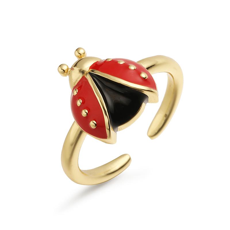 

18K Gold Plated Brass Summer New Cute Enamel Dripping Oil Craft Insect Ladybug Pattern Adjustable Opening Ring 1 Pcs resizable