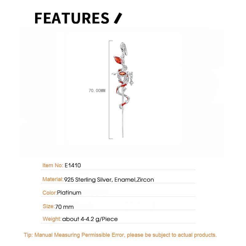 F.I.N.S SZinc Alloy Sterling Zinc Alloy Slender Viper Piercing Stud Earrings Women Retro Old Red Zircon Snake Hanging Ear Fine Zircon Gift