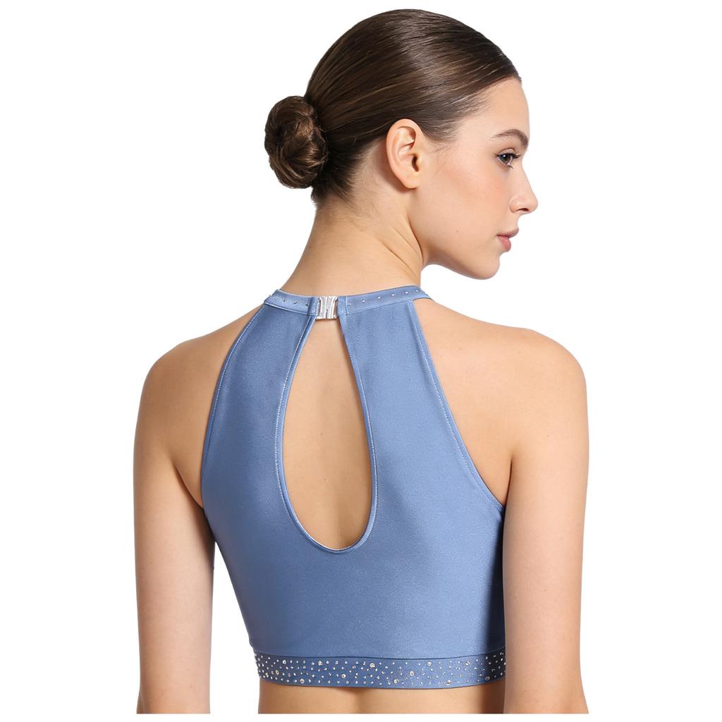 Top Cropped Lyrical Dance Feminino Brilhante com Strass Sem Mangas Costas Vazadas Regata Fantasia de Dança do Ventre