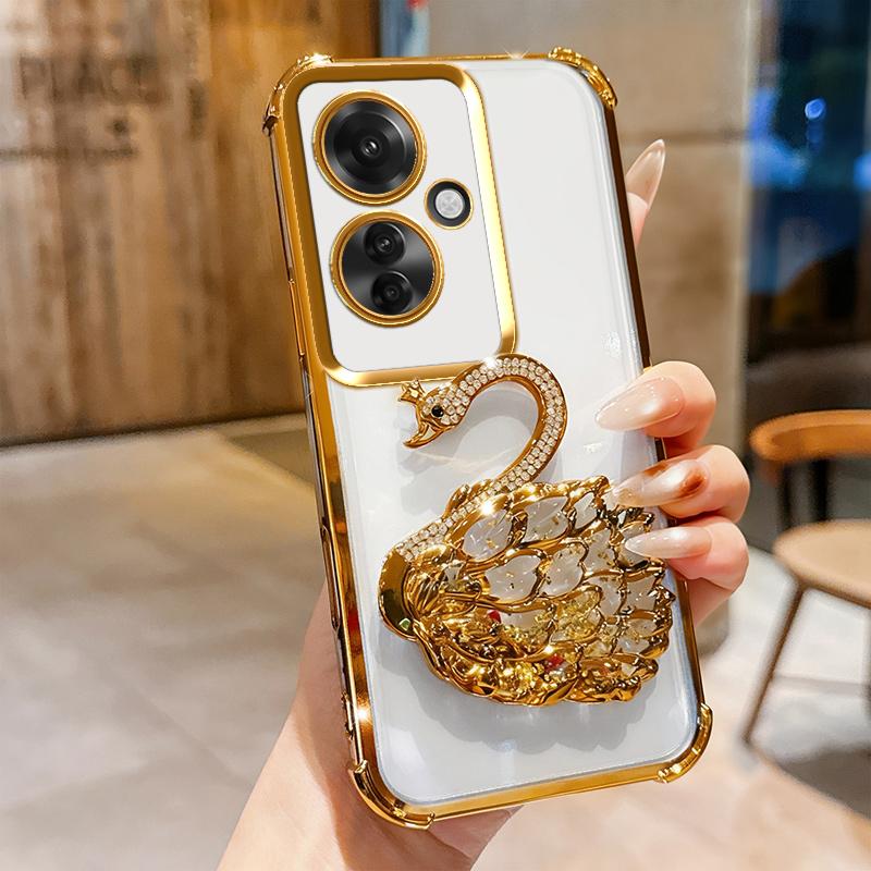 KEYSION Shockproof Plating Phone Case for OPPO Reno11 F 5G Clear TPU Glitter Jewelled Swan Kickstand Back Cover for OPPO Reno11F 5G