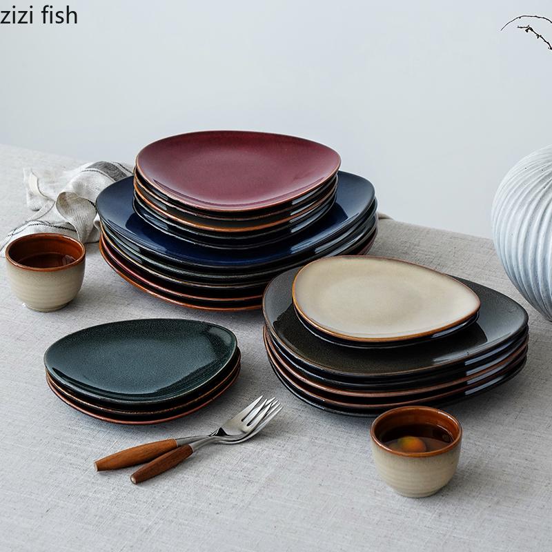 Kiln Changes Triangle Shallow Plate Ceramic Tableware Steak Plate Salad Plate Dessert Dish Dim Sum Dish Japanese Tableware