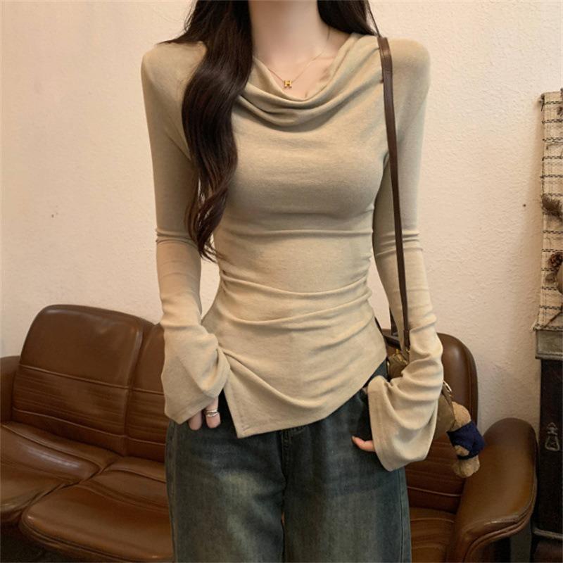 Irregular one-word shoulder solid color long-sleeved shirt women's season bottoming shirt slim-fit Spice Girl waist cotton top