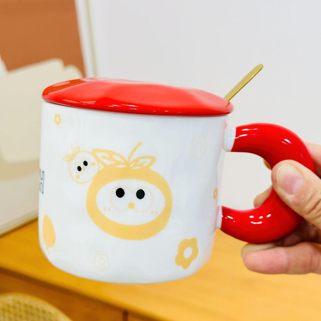 Opening Small Gift with Lid Cartoon Cat Cute Water Cup Household Set Ceramic Cup High Value Small Orange Cup