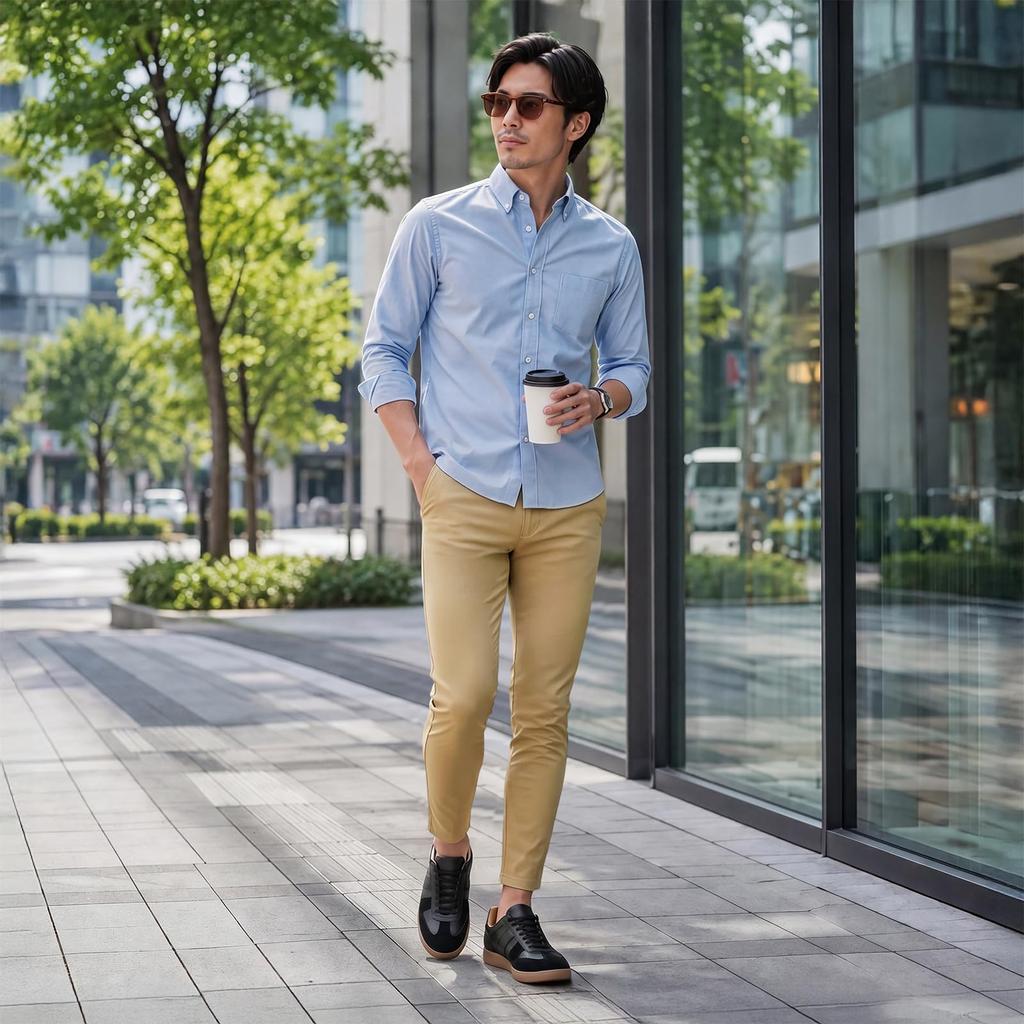 [GINGTTO] Men's Chino Pants, Stretch Skinny Pants, Office Casual, Slim Fit, Summer, Khaki, Size 28