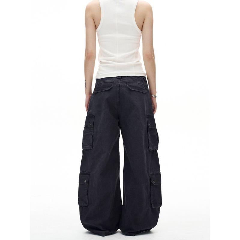 Madwitch American Retro Distressed Multi-Pocket Cargo Pants Unisex Loose Wide-Leg Straight Casual Pants Trendy