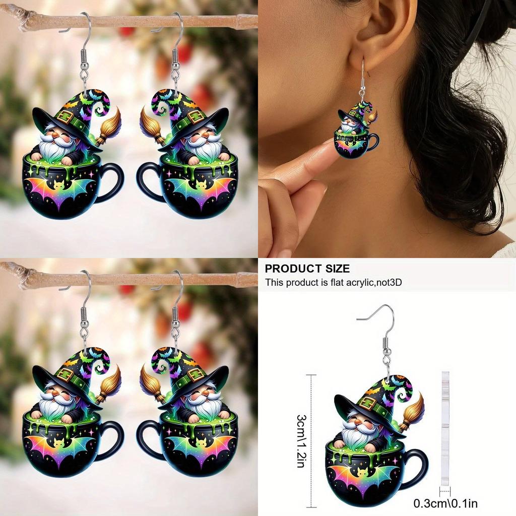 Halloween Themed Tea Cup Wizard Pattern Women Acrylic Earrings For Festive Dress Up