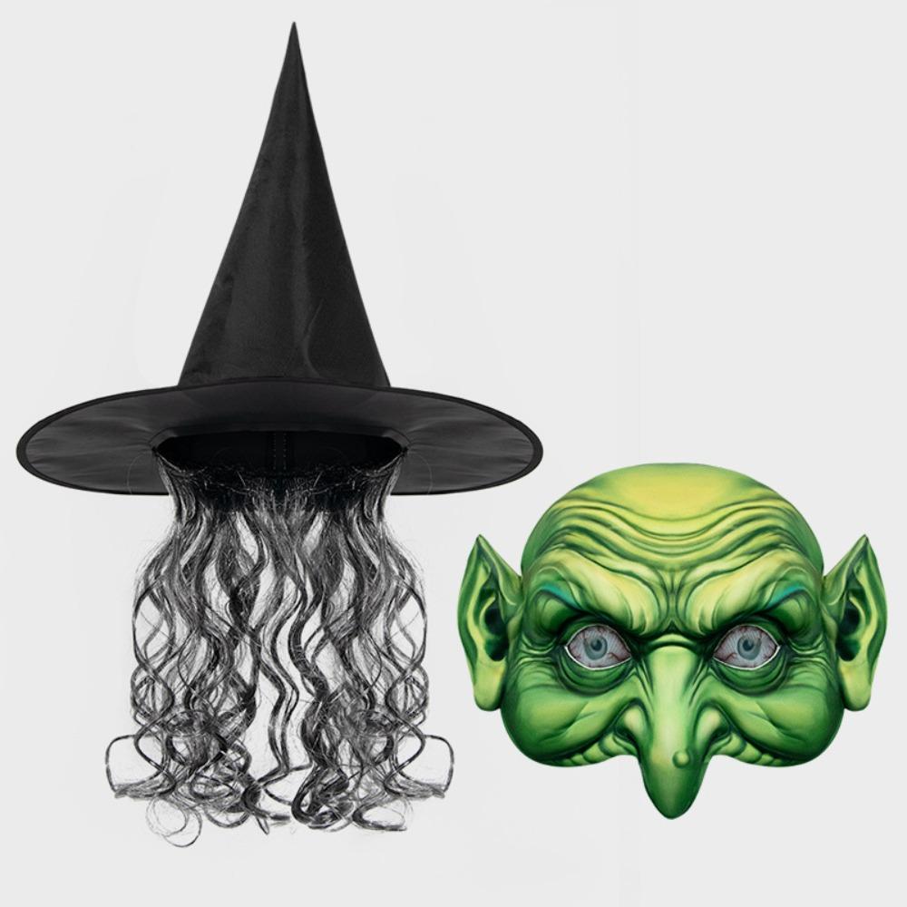 Spider Web Halloween Horror Witch Mask Green Demon Mask Makeup Witch Wig Hat Mask Set  Men
