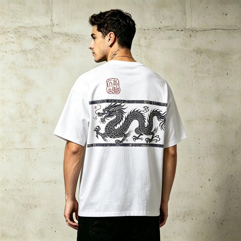 2026 New Unisex Oriental Aesthetic Dragon Seal Back Graphic Vintage Cotton Oversized TShirt Asian Streetwear Casual