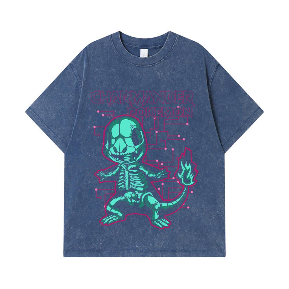 

275 GSM Washed T-shirts 100% Cotton Pokemon V12 Charmander Print Unisex Heavy Cotton T Shirt 2XL королівський синій колір