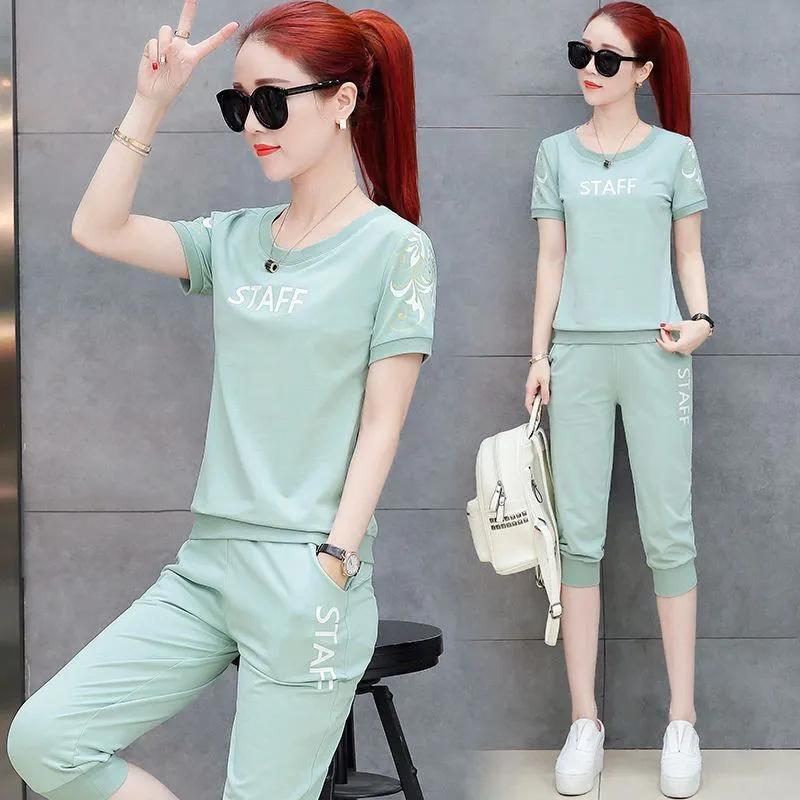 

Женский летний спортивный костюм, повседневный комплект из двух предметов: топ с короткими рукавами и брюки Seven XS