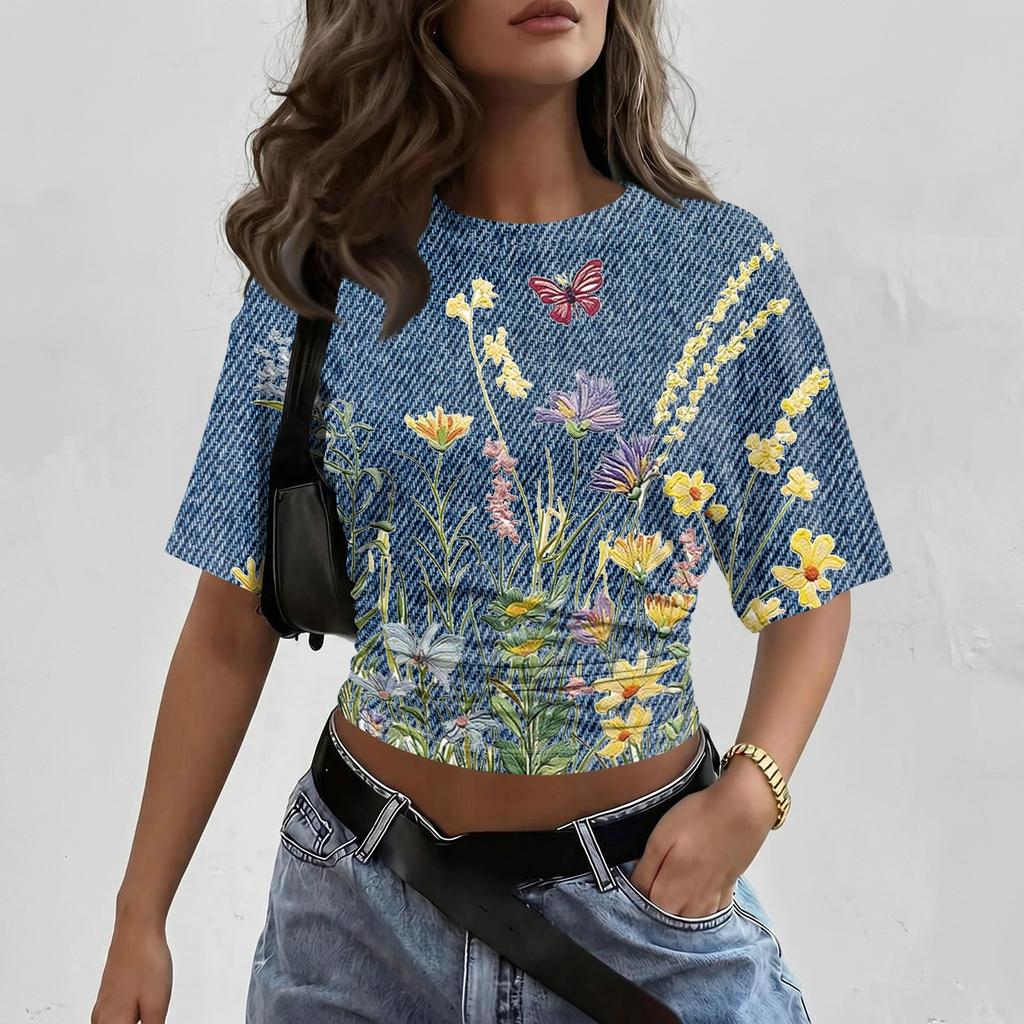 Women Round Neck Pullover Short Sleeve T Shirt Floral Print Loose Fit Casual Top for Daily Wear Lightweight Breathable Fabric