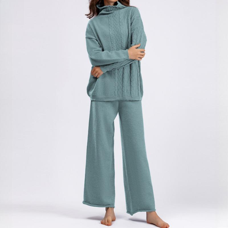 

Осенне-зимний комплект большого размера с высоким воротом, модный, нежный и непринужденный стиль, комплект из двух предметов свитера, однотонный трикотажный One size павлин голубой