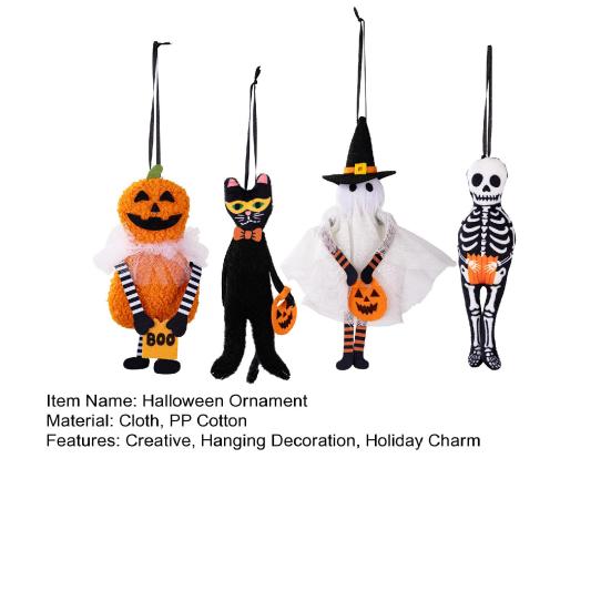 Plush Halloween Ornament Small Black Cat/Pumpkin/Ghost/Skeleton Hanging Decoration for Holiday Tree Decor