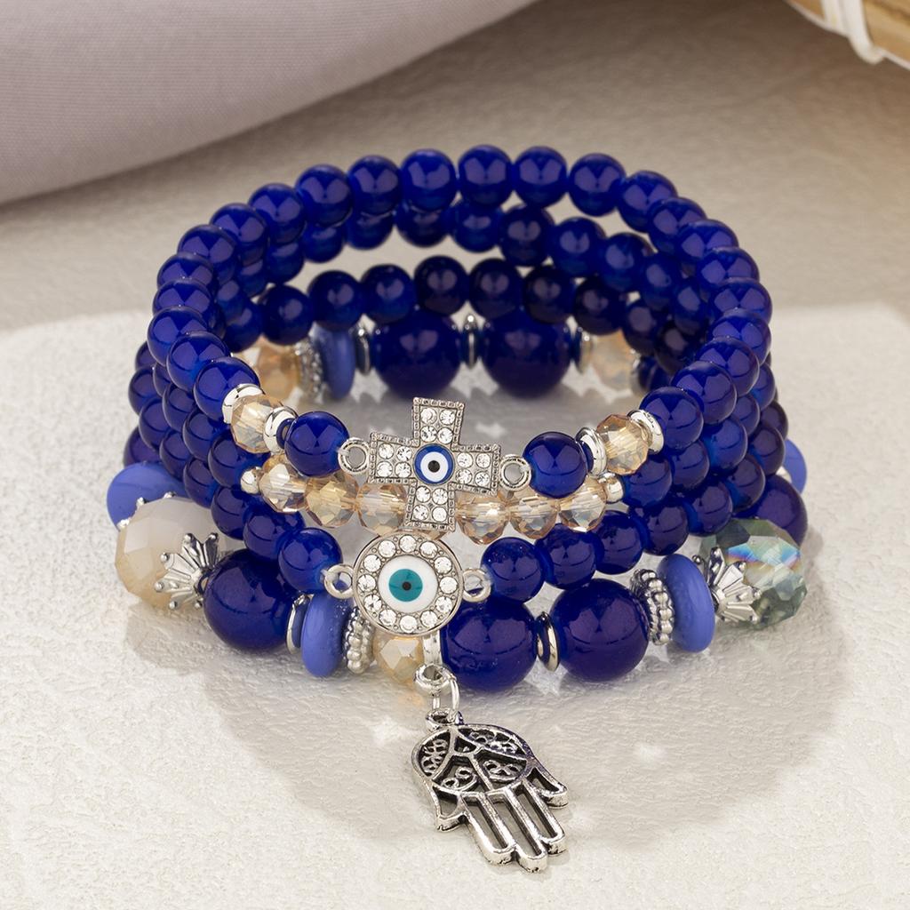 4Pcs Bohemian Acrylic Beads Bracelet Set For Women Fatima Hand Cross Evil Eyes Charm Elastic Chain Bangle Men Fashion Party Jewe