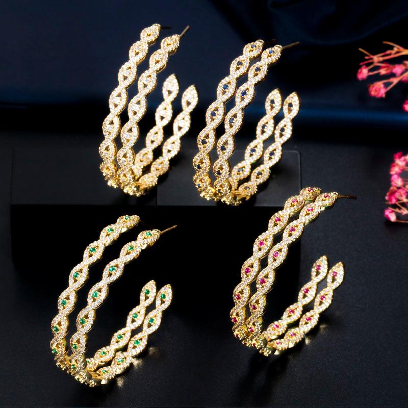WWJ Glitter Green Zircon Circle Hoop Earrings Golden Color Jewelry