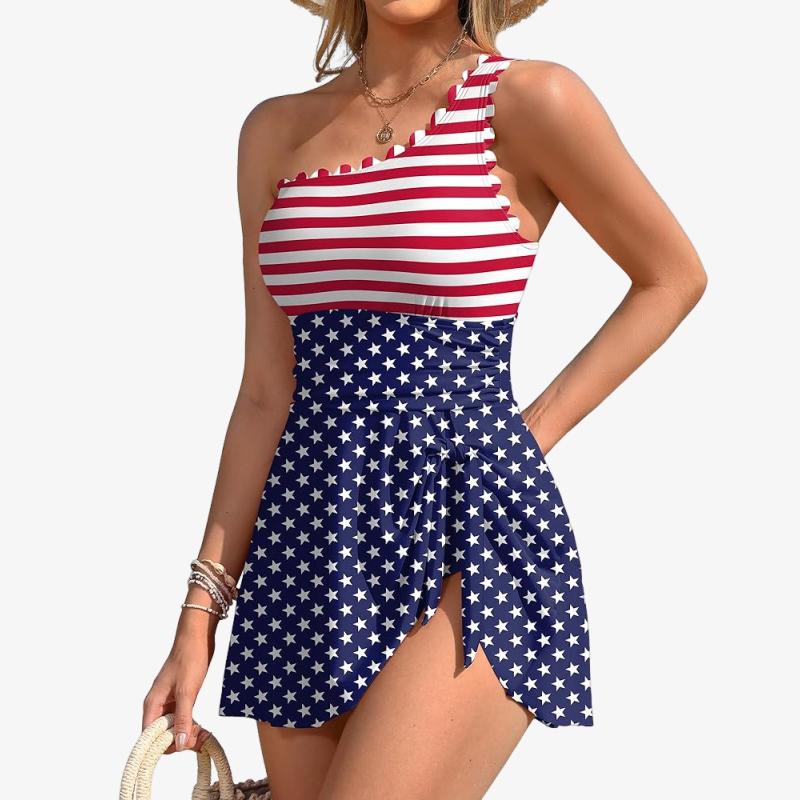 Charmleaks One Shoulder One Piece Swimsuit Women Tummy Control Bathing Suit with Skirt Tie Knot Cute Scalloped Swimdress