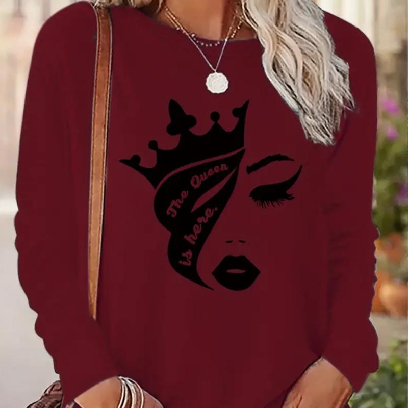 Tops For Women Fashionable Girl's Face Print Round Neck Long Sleeve T-shirt Fall Casual Slim Pullover Women's Long Sleeve Top