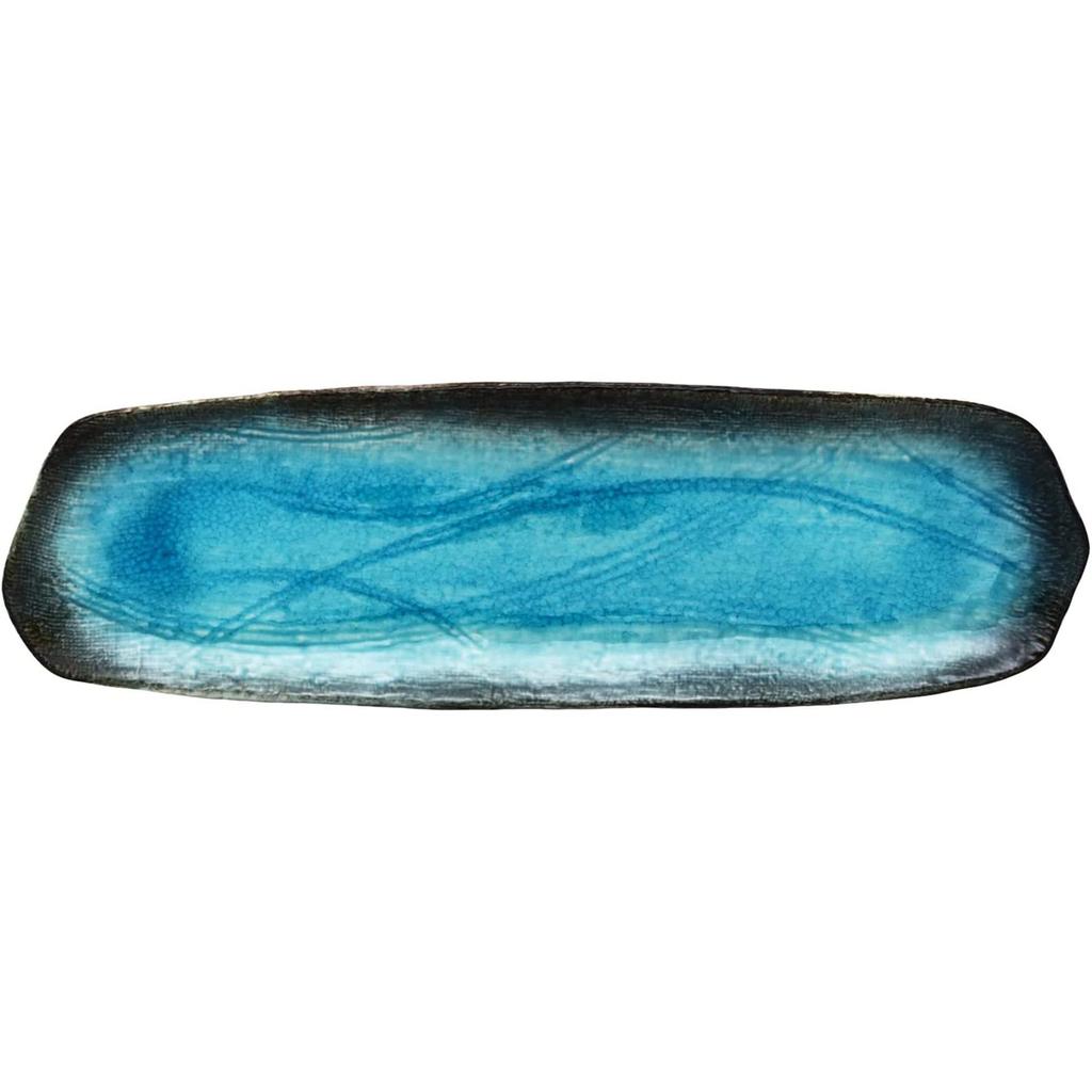 Mino ware "Yamasaku Kiln" Turkish Blue Plates, Rectangular Plates, Saury Plates, Approx. 34cm Diameter x 10cm Depth, Set of 5, Tableware Set, Made in