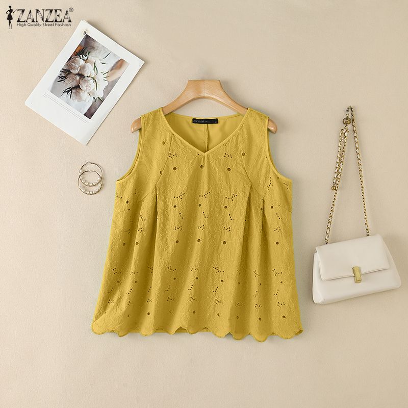 ZANZEA Women Casual V-Neck Sleeveless Lace Crochet Patchwork Tank Tops