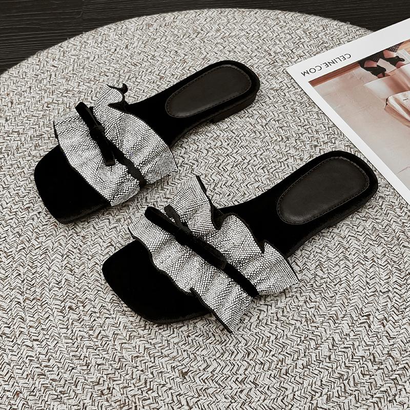 

Fashion Plus-size 35-42 Flat Slippers Women New Fashion Square Head Open Toe Crystal Butterfly Knot Non-slip Wear-resistant Flip-flops 35