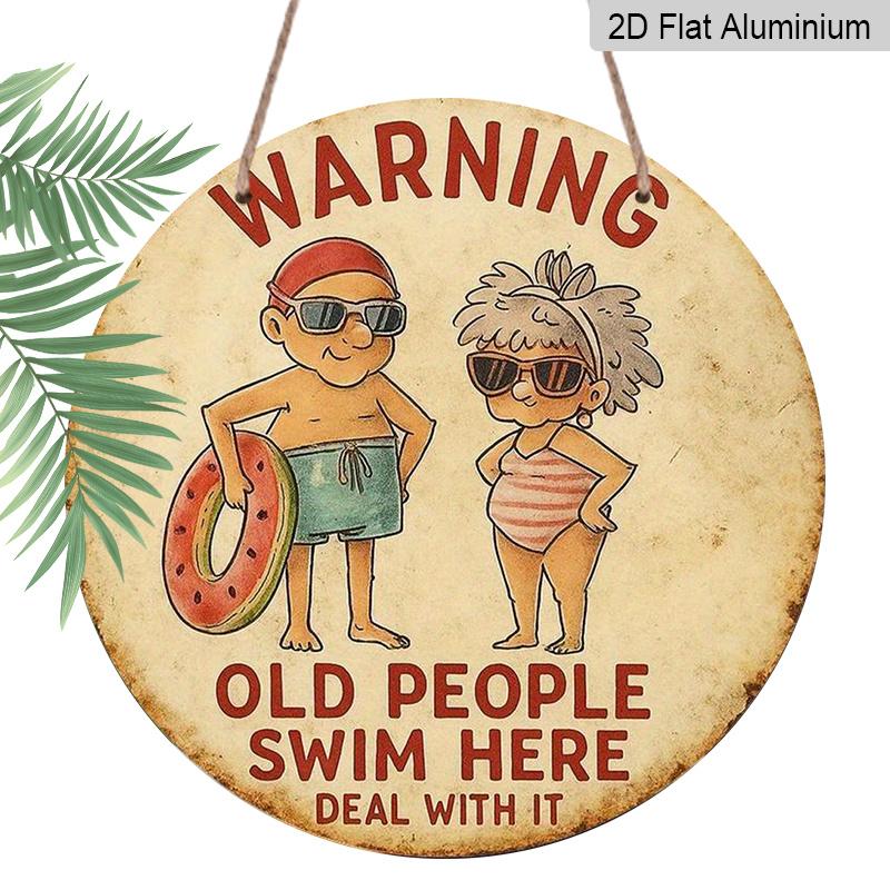 2D Flat 1pc, 8x8 In, Elderly Swimming Warning Aluminum Metal Sign - Vintage Swimming Pool Decor with Funny Elderly People Design, Rustic Iron Wall