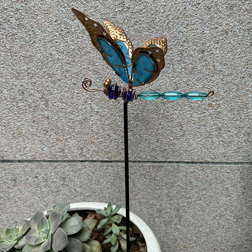 Crafts Metal Dragonfly Garden Stake Creative Luminous Ground Stake Art Colorful Garden Pile Flower Pot