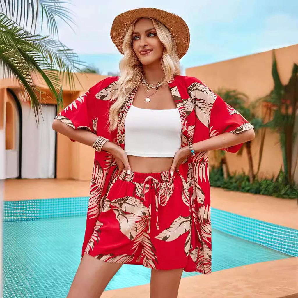 Summer Women's Printed Casual Vacation Style Cardigan And Shorts Set