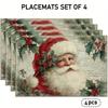 4pcs/6pcs Vintage Style Santa Claus Placemats, Vintage Letter Paper Linen Table Mats, Featuring Traditional Christmas Elements Like Holly Leaves, Red