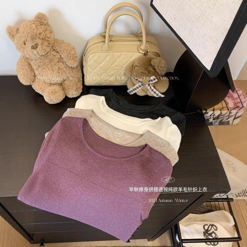 White semi-perspective splicing bottoming shirt women's pure desire soft waxy inner sweater slim wool knitted top