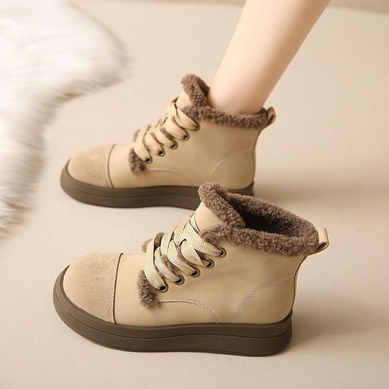 

Женские флисовые зимние ботинки на пушистой платформе, с круглым носком, на плоском каблуке, повседневные универсальные ботильоны 35