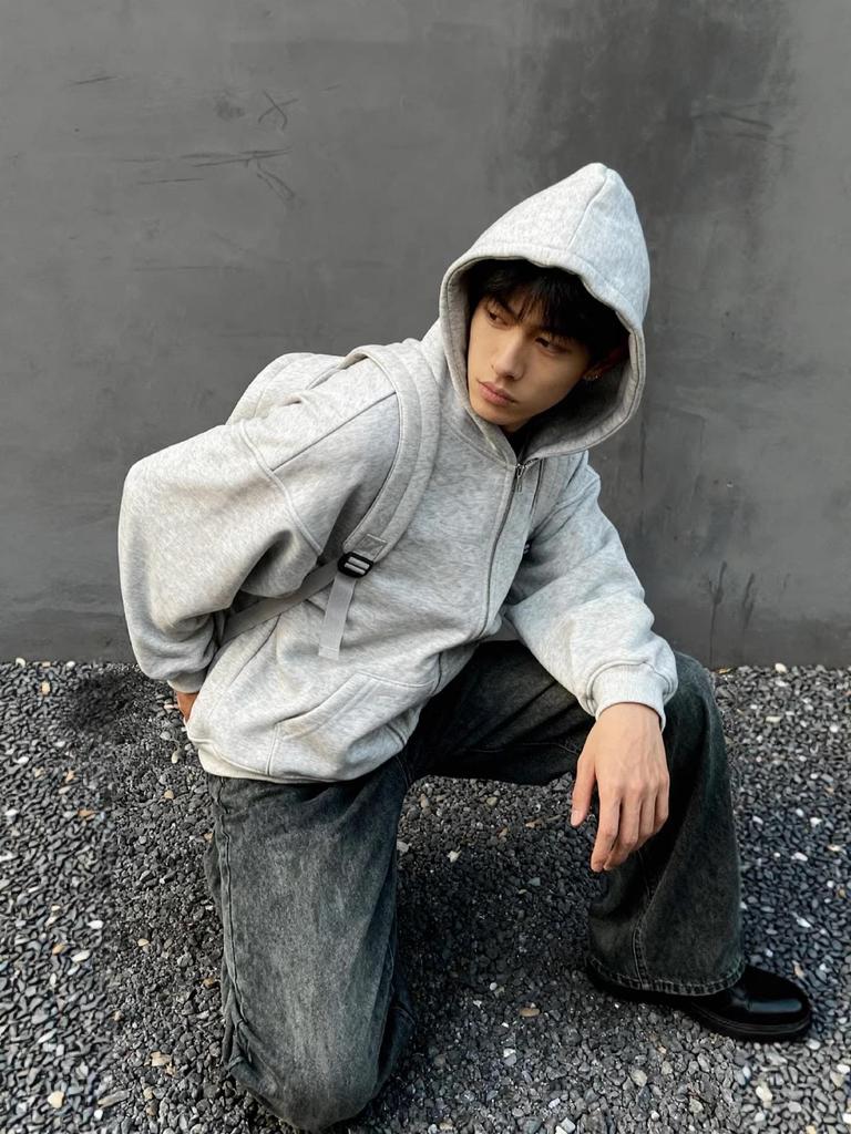 New Style Men's Heather Gray Hooded Sweatshirt with Backpack, Loose Fit, Perfect for Elementary Students.