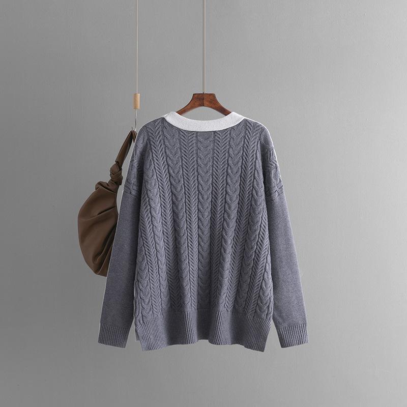 Autumn Winter Vintage Loose Long Sleeve Top Block Color Cardigan Pullover Knitwear Twists V-neck Sweater