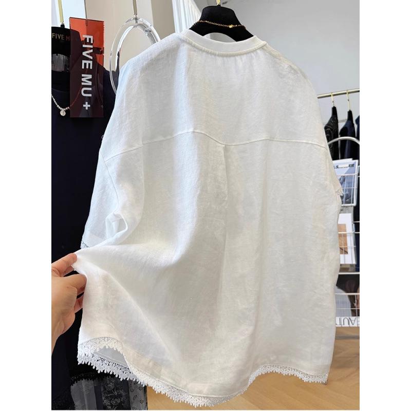 Damen T-Shirt mit kurzen Ärmeln aus Baumwoll-Leinen mit Spitzenbesatz - Schickes & Bequemes Sommeroberteil