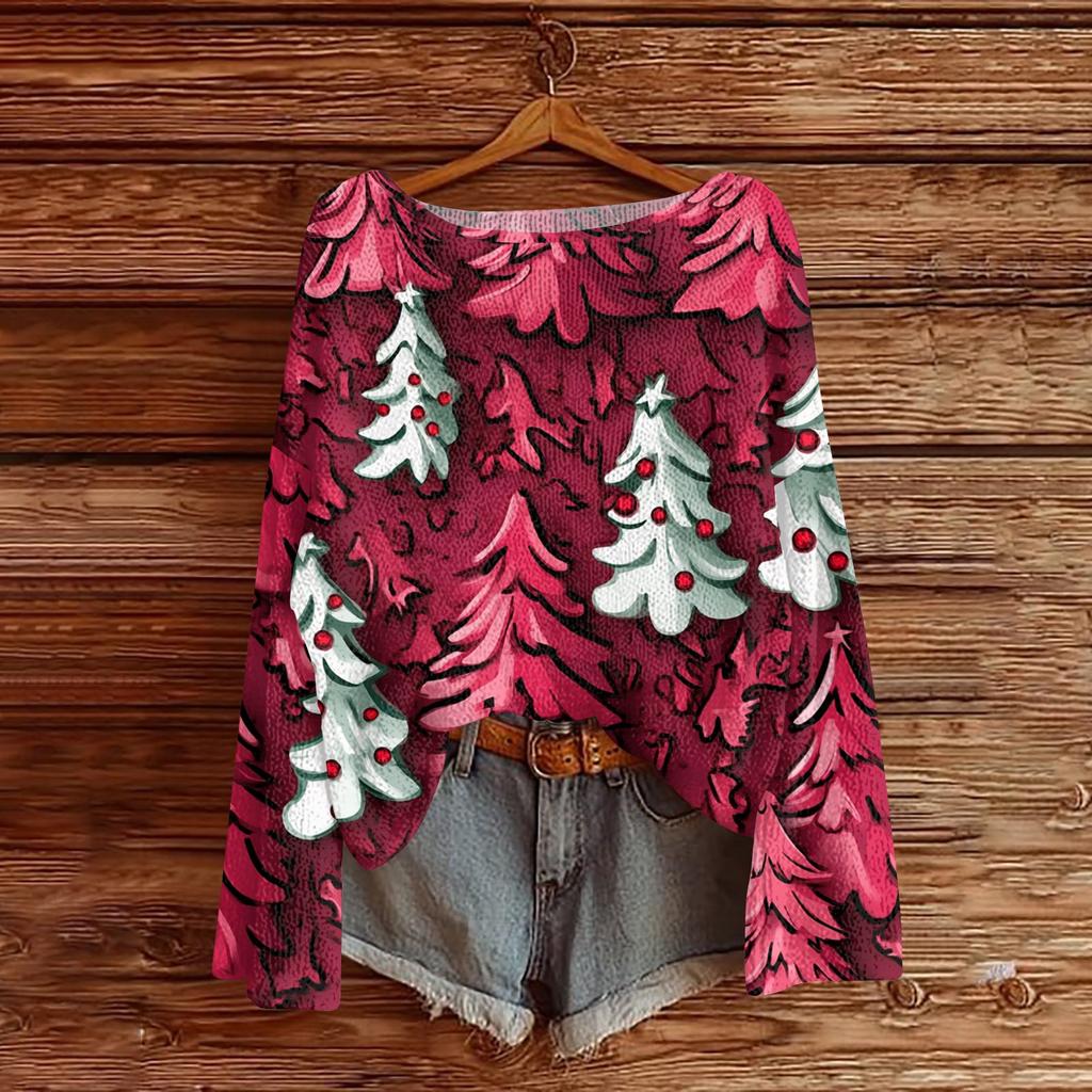 Women's Fashion Round Neck Long Sleeve Christmas Print Casual Pullover Sweater Top