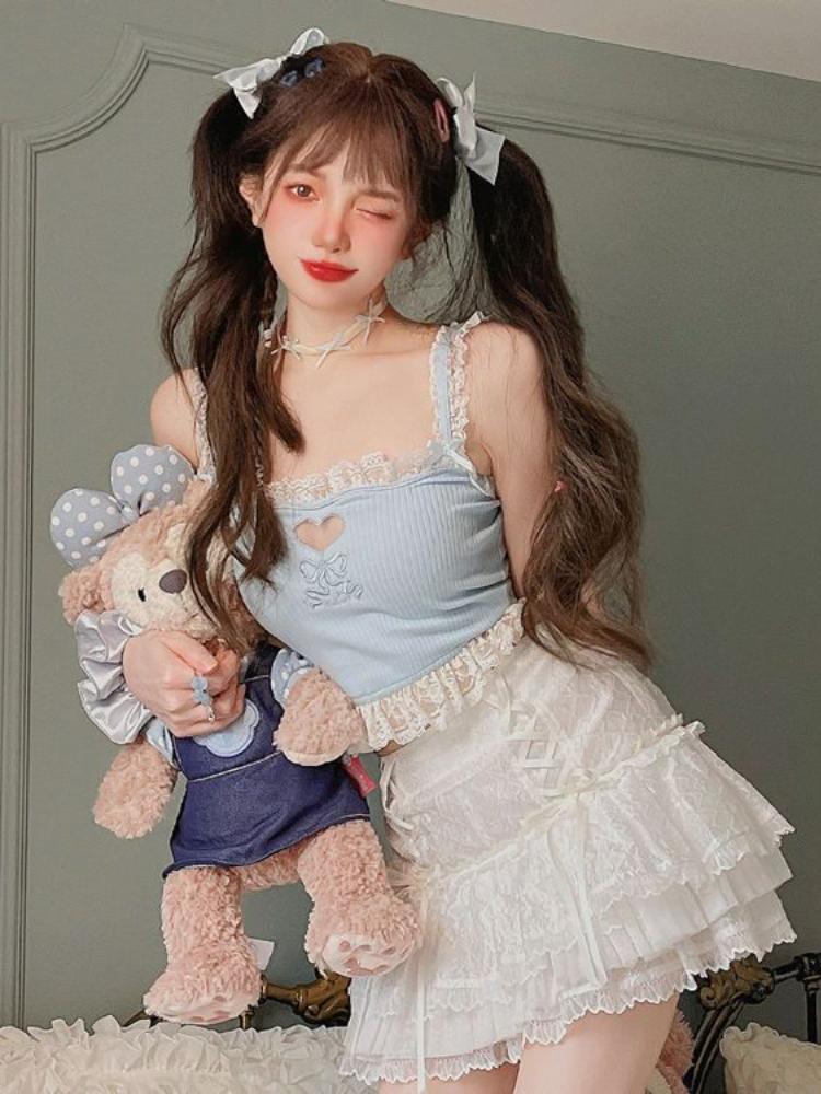 Розовый корейский стиль Kawaii Lolita Vset женский белый японский милый милый топ на бретелях женский синий кружевной сексуальный укороченный топ принцессы Франции новый