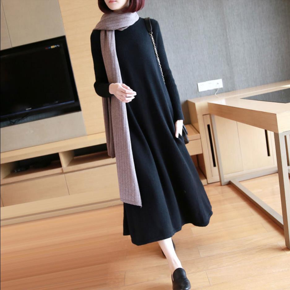Autumn and Winter Thick and Big Swing Knit Dress Half High Neck Over The Knee Long Inner Matching Coat Loose Sweater Skirt