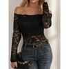 Pure Desire Spice One Line Neck Lace Top Women's New Sexy Slim V-neck with Elegant Off-the-shoulder Long Sleeve T-shirt