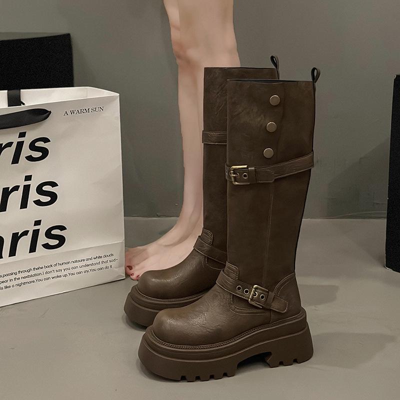 Skinny thick heel boots women's boots retro knight boots platform boots women's autumn rad locomotive beauty tall tube