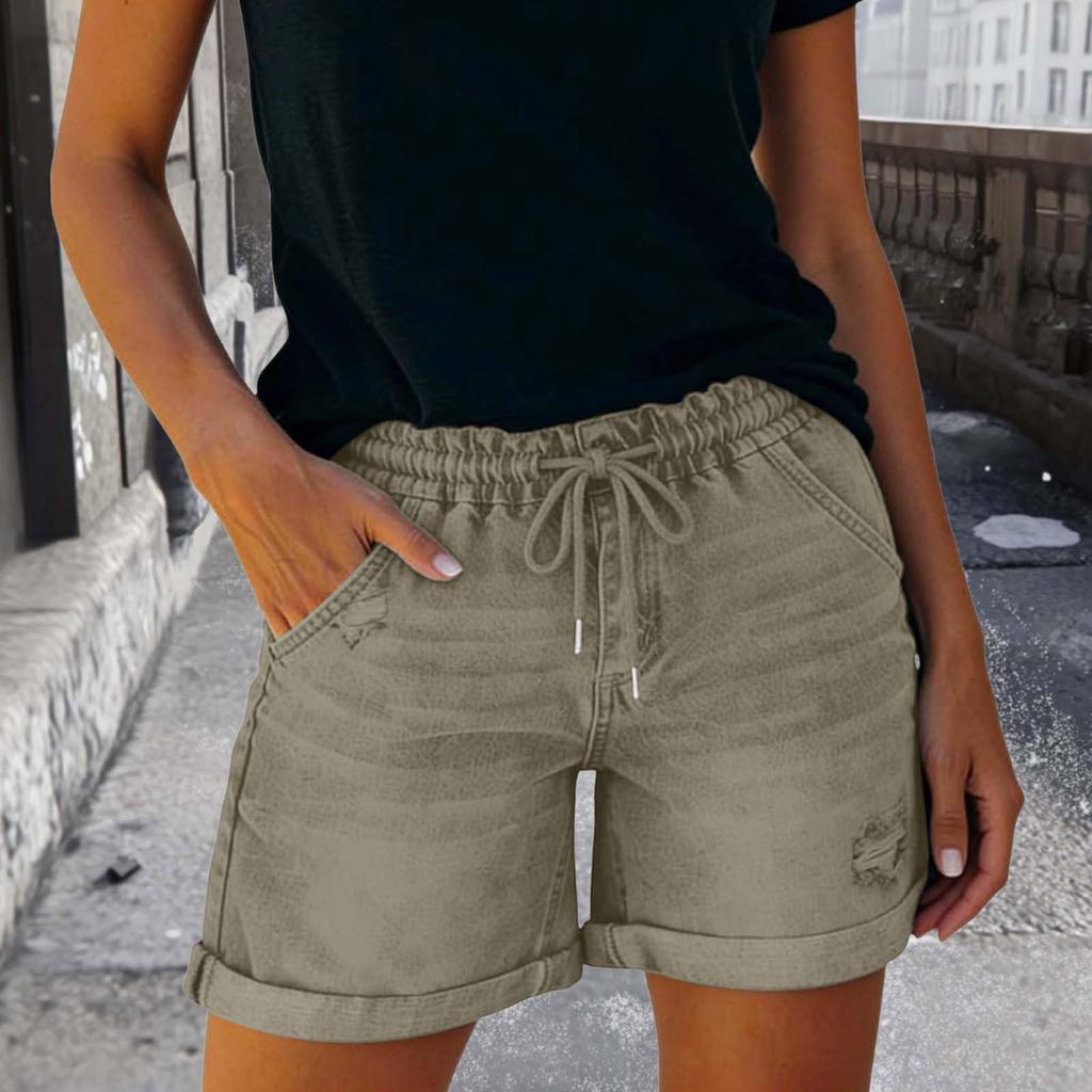 Women Summer Casual Denim Shorts Drawstring Waist Distressed Hem Loose Fit Elastic Waistband Pockets Lightweight Short Pants