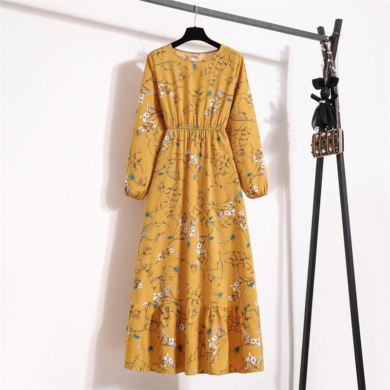 Fashion Long Sleeve Floral Printed Chiffon Dress Women Elegant Loose A-line Casual Long Dress Female High Waist Ruffled Office Lady Dress 1030