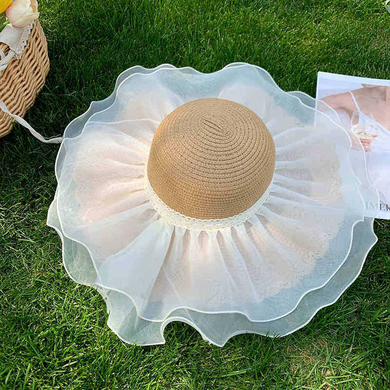 Women's Summer Lace Wide Brim Straw Hat Beach Sun Protection Woven Hat Full Face Coverage UV Protection Sun Hat