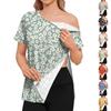 Womens Short Sleeve Asymmetric Neckline Polka Dot Print Loose Fit Nursing Top with Zipper Design for Easy Access