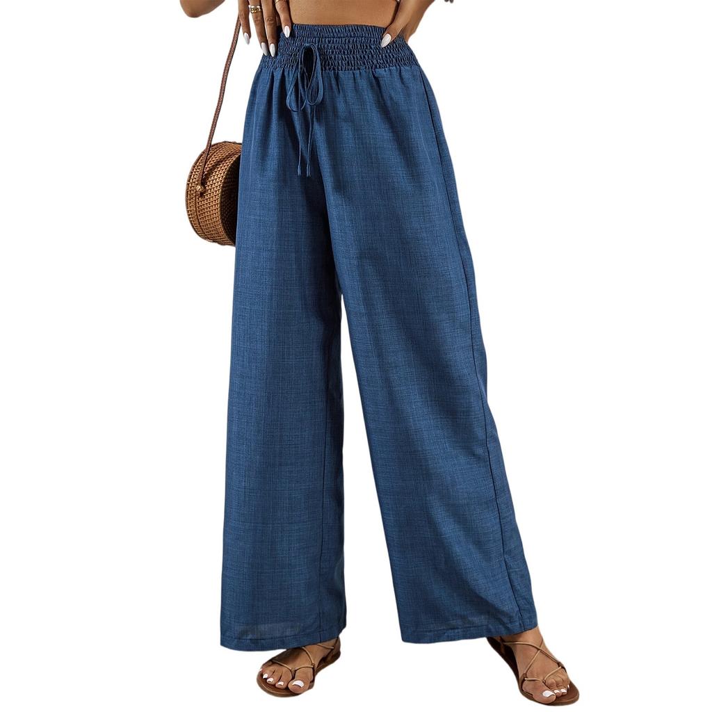 Damen Einfarbig Plissee Taille Kordelzug Locker Weites Bein Gerades Bein Hose