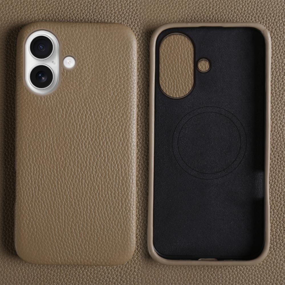For iPhone 17 Case Compatible with MagSafe Litchi Texture Genuine Cow Leather + PC Phone Cover