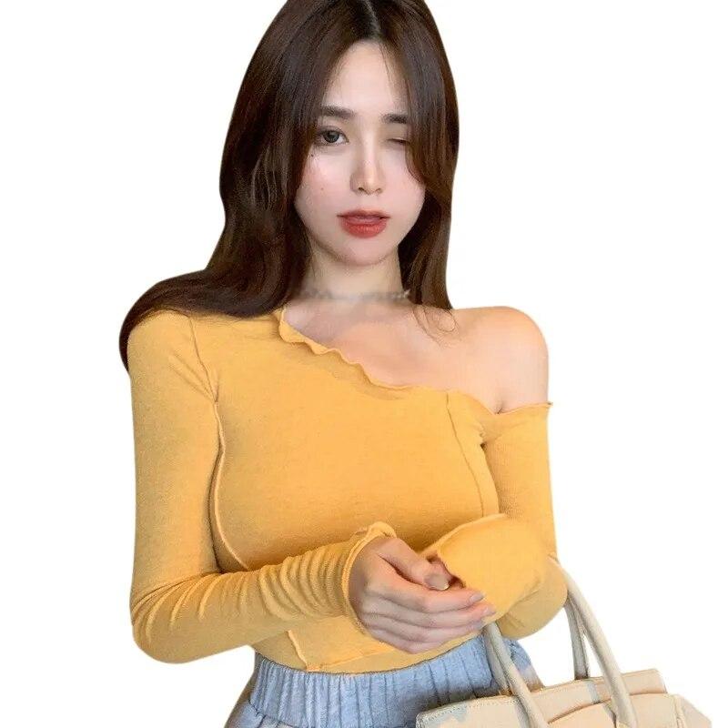 

Женские однотонные тонкие футболки с косым воротником и длинными рукавами, топы One Size